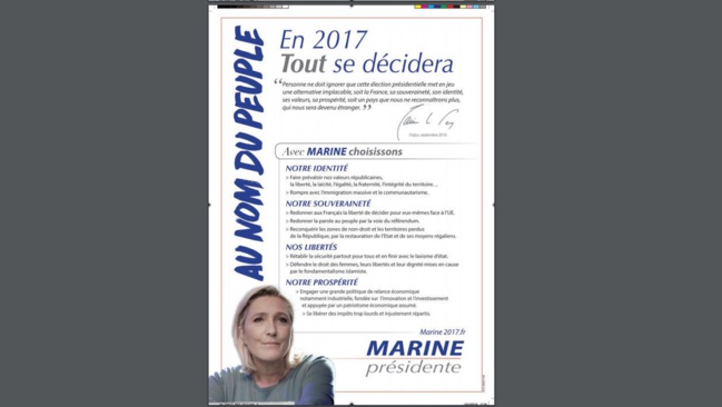 Présidentielle: pas de mention du FN ni du nom Le Pen sur les tracts "Marine 2017" Présidentielle: pas de mention du FN ni du nom Le Pen sur les tracts "Marine 2017"