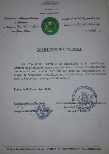 Diplomatie : Etablissement des relations entre la Mauritanie et le Vatican Diplomatie : Etablissement des relations entre la Mauritanie et le Vatican