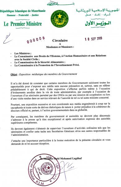 Mauritanie:Le PM muselle les Ministres( circulaire )