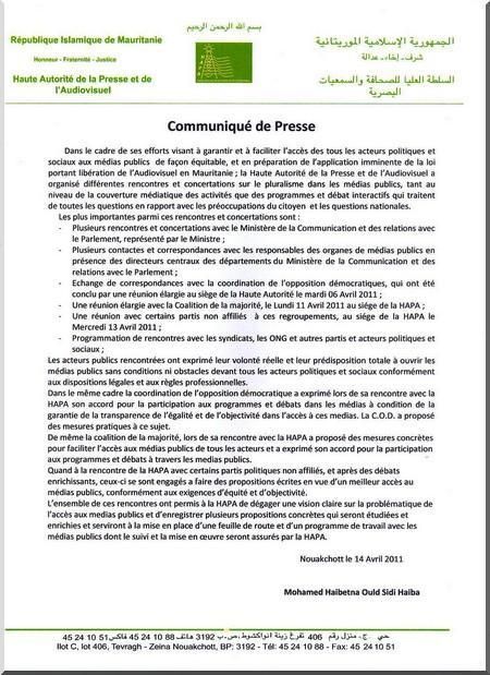 Mauritanie:HAPA : Communiqué de presse
