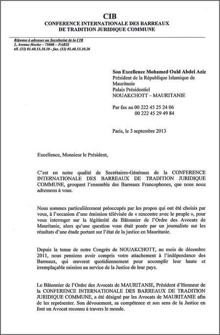 La conférence internationale des barreaux (CIB) écrit au président mauritanien