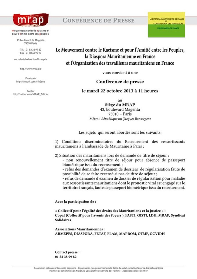 MRAP: Conférence de presse le mardi 22 octobre à Paris sur le conditions discriminatoires  du recensement des ressortissant mauritaniens à l'ambassade de la Mauritanie à Paris