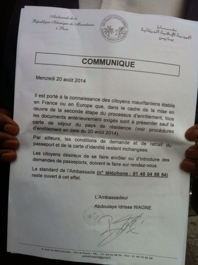 Communiqué : Ambassade de la Mauritanie à Paris