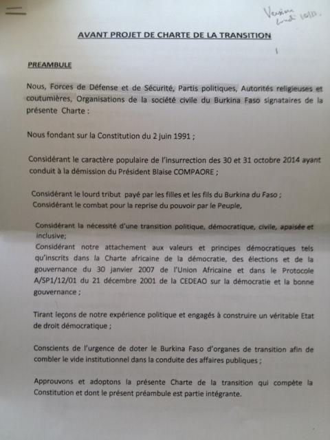 Burkina: le projet de charte «socle» de la sortie de crise