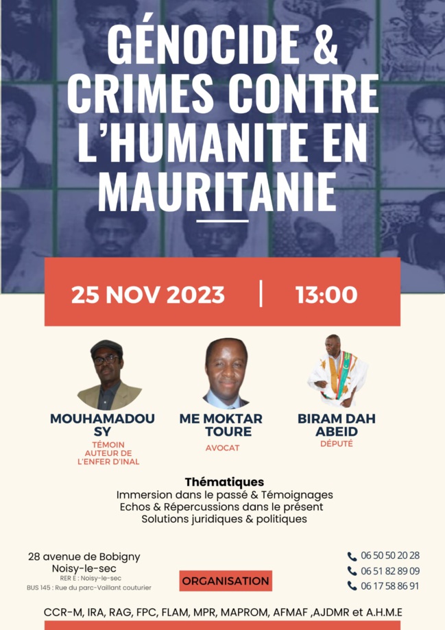 Conférence : génocide et crime contre l'humanité en Mauritanie, le 25 novembre 2023 à Noisy-le sec Conférence : génocide et crime contre l'humanité en Mauritanie, le 25 novembre 2023 à Noisy-le sec