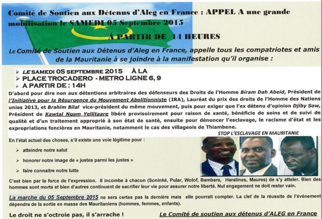 Comité de Soutien aux Détenus d’Aleg en France : APPEL A une grande mobilisation le SAMEDI 05 Septembre 2015 Comité de Soutien aux Détenus d’Aleg en France : APPEL A une grande mobilisation le SAMEDI 05 Septembre 2015