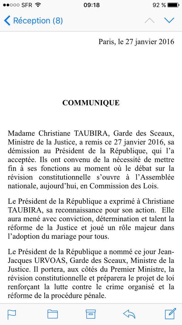 La ministre de la Justice Christiane Taubira a démissionné ce mercredi matin.