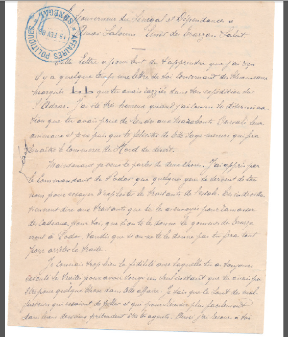 DOCUMENTS HISTORIQUES : BONNE INTELLIGENCE ENTRE L’ÉMIR DU TRARZA ET LE GOUVERNEUR FRANÇAIS