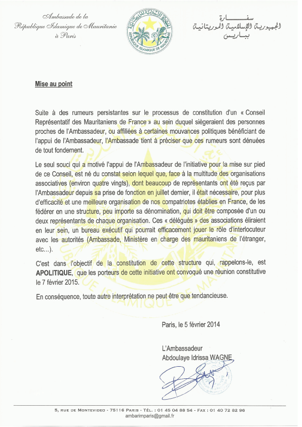 Ambassade de la Mauritanie à Paris : Mise au point