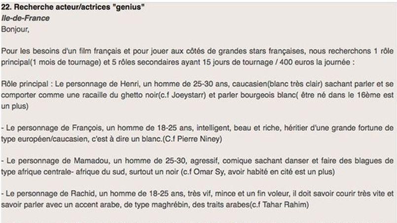 La publication d'une annonce de casting raciste secoue le cinéma français