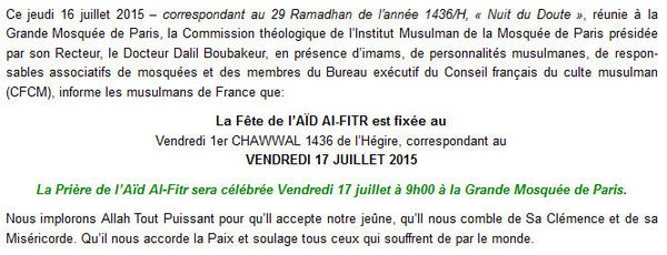L’Aïd El Fitr célébré demain en France, en Arabie Saoudite et au Bénin, entre autres